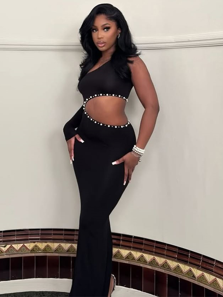Trendy Navel-Exposed Diamond One-Sleeve Dress