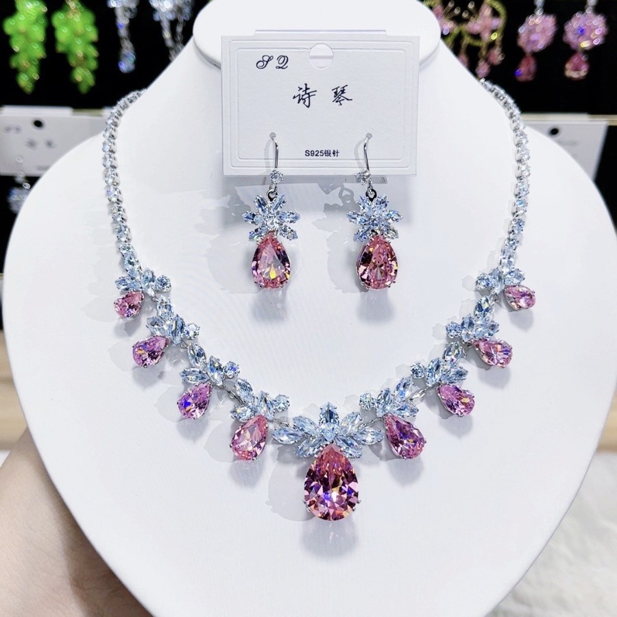 Luxury Green Zircon Necklace & Earrings Set – Elegant Iron Flower Jewelry for Women