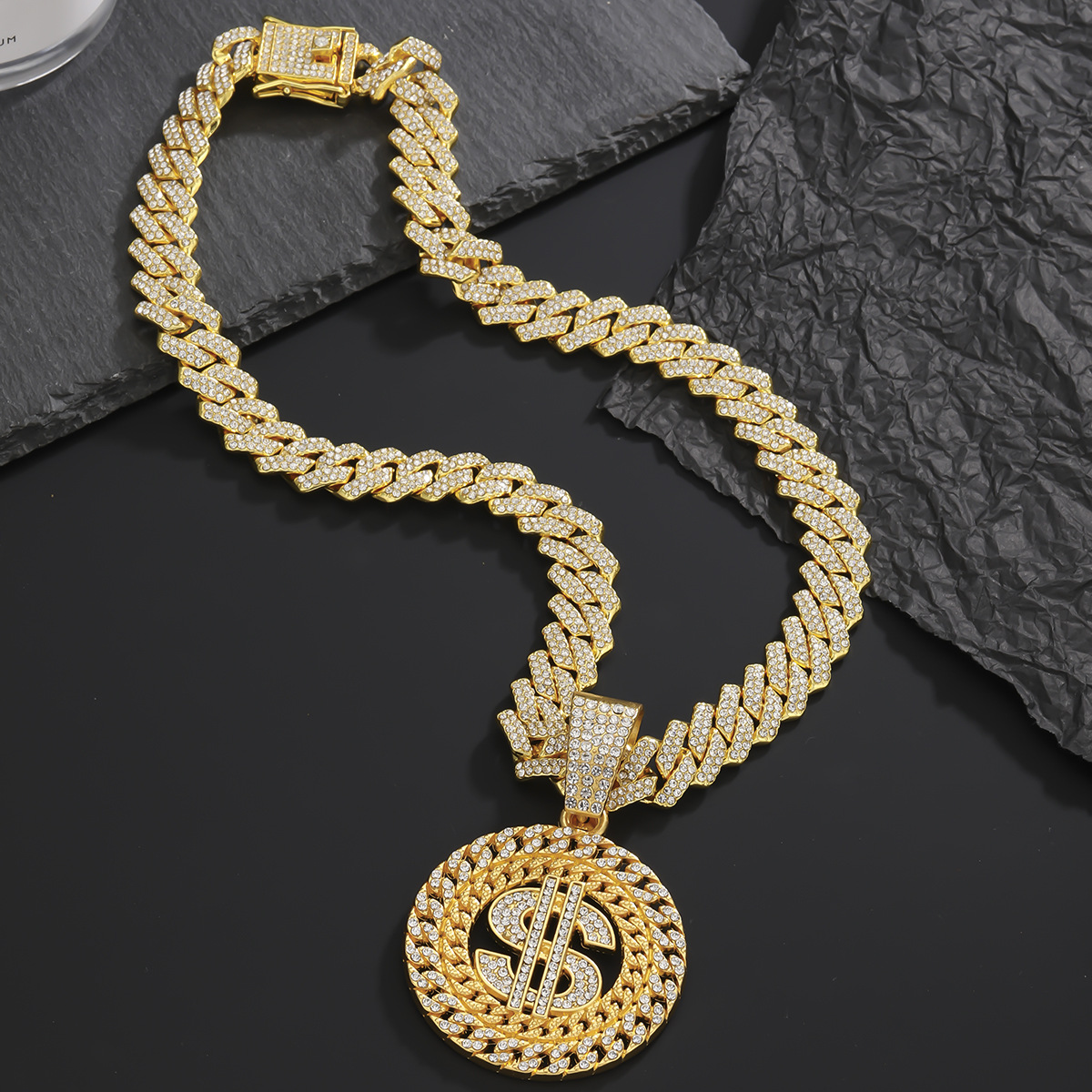 Men’s Hip-Hop Diamond Cuban Chain Necklace – Gold Pendant, European-American Trendy Jewelry