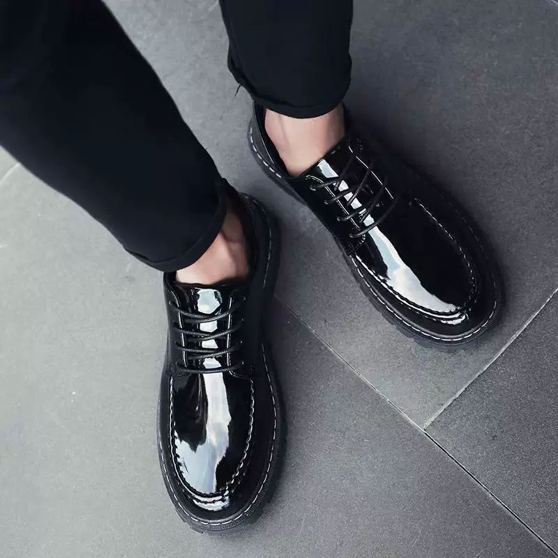 Men’s Shiny Leather Platform Shoes – Korean British Style Casual Height-Increasing Dress