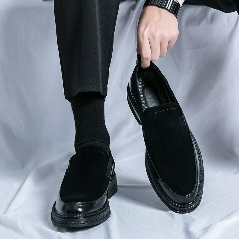 Men’s Suede Tassel Loafers – British Style Black Casual Shoes with Hidden Height Increase